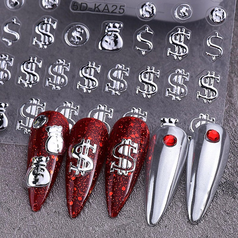 Vopintpy Gold Silver Dollar Nails Stickers Decals 5D Embossed Dollar Nails Art Stickers Self-Adhesive Designs Nail Art Decals for Women DIY Nail Decorations - Image 3